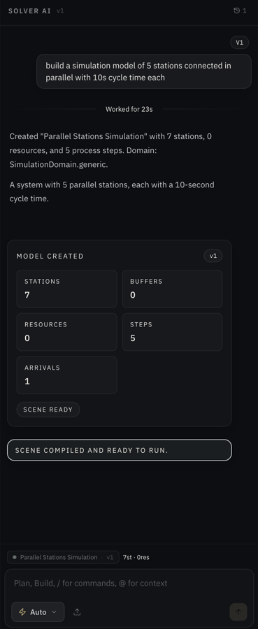 Solver AI chat view showing a simulation request turning into a structured model with generated outputs