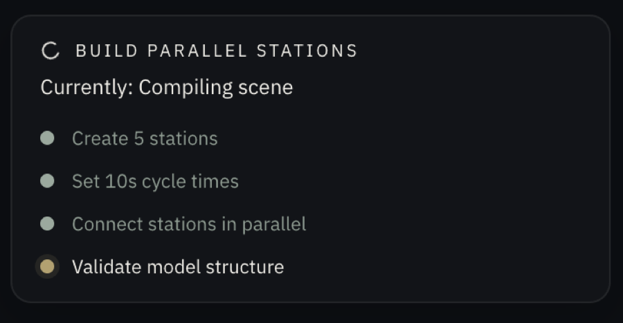 Solver AI status card showing a simulation scene compiling into a run-ready model
