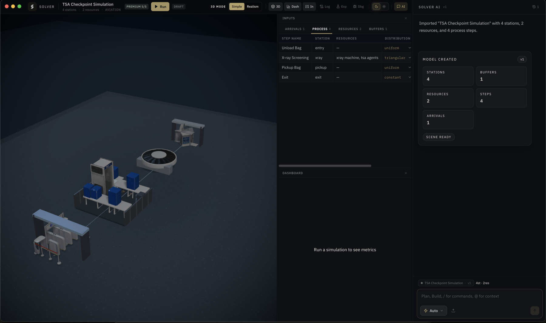 Solver workspace showing a generated checkpoint simulation with a 3D scene, editable inputs, and a run-ready model card